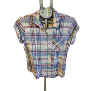 Lucky Brand Red White Blue Plaid Button Up Pocket Short Sleeve Sz M Cottagecore